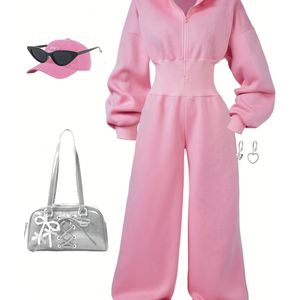 Meisjes' Felroze Capuchon Half-Rits Jumpsuit - Lange Mouwen Casual Romper met Wijde Broek, Makkelijk te Onderhouden Wasmachinebestendige Outfit, Perfect voor Buiten