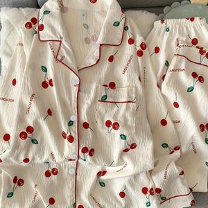 New Arrival Hoogwaardige Non-Stretch Damespak met Zoete Kersenprint, Ademend Lichtgewicht Casual Outfit voor Lente/Herfst/Winter - Tweedelige Set