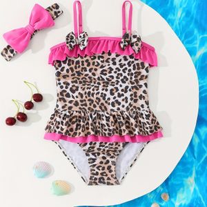 Luipaardprint Bodysuit met Één Schouder/Bootneck - Sneldrogende, Strakke Babydoll Zwempak met Strik, Korte Mouwen & Geen Volume - Wasmachinebestendig Badpak