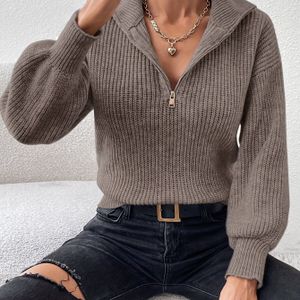 Drop Shoulder Zip Up V-hals Trui, Elegante Lange Mouwen Trui Voor Herfst & Winter, Dameskleding