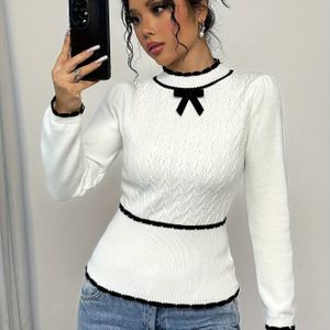 Elegante witte dames tuniek met lange mouwen - Slim fit trui met ronde hals en strikdetail, zachte stretchstof, kleur, warme winter outfit voor zowel casual als formele gelegenheden