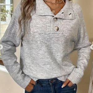 Dames Casual Pullover Sweater - Kleur Button-Up Lange Mouw Top met Draai-Kraag, Gezellige Herfst/Winter Essentieel voor Casual Kleding, Casual Wear Top | Klassieke Pullover Stijl | Textuur