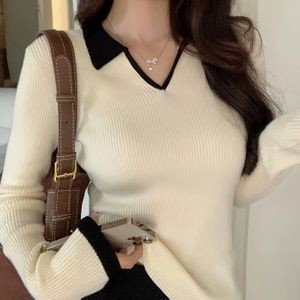 Chic V-hals trim breiende trui - Polyester & Spandex mengsel, slanke pasvorm breiende top met kleur , veelzijdig voor alle seizoenen