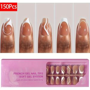 150 Stuks Witte Franse Press-On Nagels - 5 Stijlen Korte Ballerina Nagels, Ontworpen Swirl Zacht Gel Nageltips, Super Fit Nagels, 15 Maten Nagelverlengingen voor Nagelkunst DIY