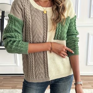 Plus Size - Plus Size - Dames Color Block Kabeltrui - Knusse Tweekleurige Pullover met Zakken, Lange Mouwen, Ronde Hals, Geometrisch , Perfect voor Herfst/Winter Mode