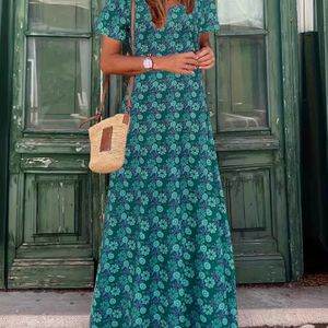 Vintage Bloemenprint Maxi Jurk voor Vrouwen, Dacron en Spandex Mengsel, Crew Hals, Peplum Stijl, Zomer Breiweefsel, Casual Elegante Volwassen Jurk