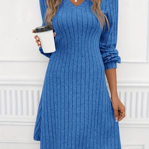 Kleur V-Hals Geribbelde Jurk