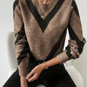 Gezellige geometrische V-hals trui voor dames - en zwart kabeltrui met lange mouwen voor herfst/winter, zacht materiaal, casual stijl, casual winterkleding | V-hals trui | Bouw, trui jurk