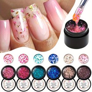 6-delige Gedroogde Bloemen Gel Nagellak Kit, Roze Rood Blauw Lente Zomer Nageldecoratie, Alcoholvrije Langhoudende Flower Fairy Set voor Manicure DIY Ontwerp