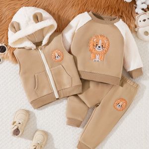 Jongens Cartoon Leeuw Borduurwerk 3- Set - Warme Pluche Sweatshirt, Hoodie Vest & Casual Broek voor Herfst/Winter, Kinderkleding Set, Perfect voor Buiten