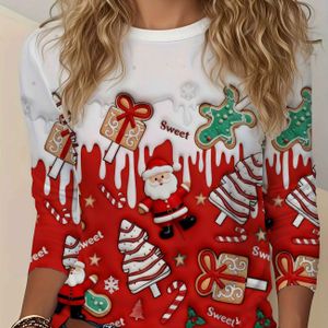 Dames Kerst T-shirt met Leuke Print Lange Mouwen | Feestelijk Kerstman en Peperkoekman Ontwerp, Ronde Hals, Licht Stretch Materiaal, Geschikt voor Lente/Herfst