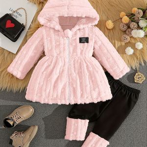 Meisjes Herfst Pluche Capuchon Lange Mouw Top en Kleurblok Patchwork Broek Set, voor Buiten