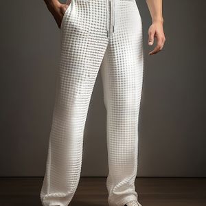 Duurzame Stof Heren Marineblauwe Casual Broek - Getextureerd Polyester, Rechte Pasvorm met Trekkoord Taille & Zakken, Machinewasbaar - Stijlvolle Streetwear voor Alle Seizoenen