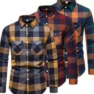 3pcs Men's Lapel Shirt, Long Sleeve Casual Button Up Shirt For Outdoor