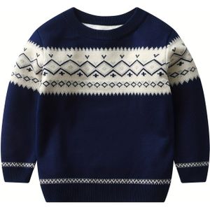Jongens' Geometrisch Gebreide Trui - Zacht Grijs Casual Pullover met Ronde Hals & Lange Mouwen, All-Seizoen Comfortabel, Handwasbaar, Duurzame Kinderkleding