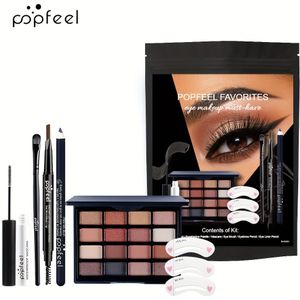 POPFEEL Oogschaduw & Wenkbrauwpotlood Set, Natuurlijke Zwarte Tinten, Make-up Kit met Mascara en Eyeliner, Wenkbrauwborstel, Wimpermascara, POPFEEL