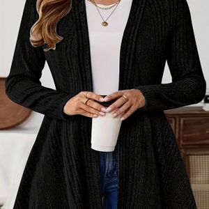 1pc Elegante Midi Knit Cardigan voor dames - Polyester Lange Mouw Kleur Open Front Trui met Cardigan Kraag, Lichte Stretch, Casual Fashion voor Lente/Herfst