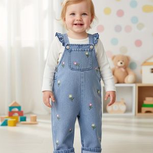 1pc Baby Meisje Schattig Geborduurde Bloem Denim Jumpsuit Peuter Herfst Casual Jumpsuit, voor Buiten