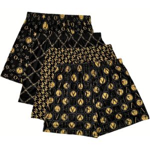 4 stuks Luxe Zwarte & Gouden Print Boxer Briefs voor Heren - Elastische Tailleband, Loszittende Ademende Ondergoed met Geometrische Patronen (Marineblauw, Bourgondië, Goud, Zwart)