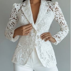 Elegante zwart geborduurde eenkleurige blazer met flapkraag - Polyester, lange mouw, lente/zomer mode, geen riem, stijlvolle damesblazer|Flapkraagblazer|Polyesterblazer