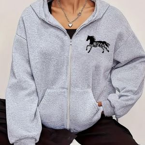 1pc Women's Casual Horse Print Hoodie With Kangaroo Pocket, Fashion Polyester Zip-up Sweatshirt, Elastic Fabric, Streetwear