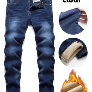 Jongens' Herfst-Winter Fleece-gevoerde Stretch Donkerblauwe Jeans