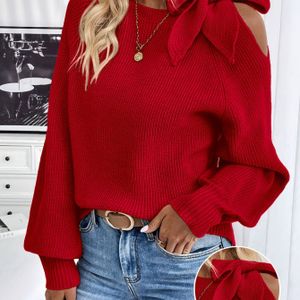 Elegante asymmetrische trui met strik voor dames - Lange mouwen, ronde hals, pullover met strikdetail, rode wintertrui voor herfst/winter, kantoor, feest