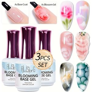 AWStorG 3 stuks 15ml Doorzichtige Bloeiende Basisgel Soak Off Nagellak voor Verspreidings Effect Marmeren Watercolor Bloesem Gel