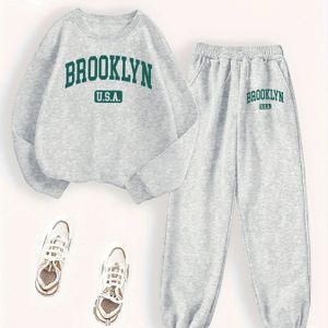 Damesprint Crew Neck Sweatshirt en Jogger Broek Set - Polyester Casual Sweatsuit voor Herfst/Winter