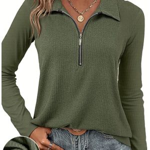 Plus Size - Elegant top voor dames met lange mouwen, kleur, ritssluiting en revers - Chic herfst/wintermode, polyestermix, machinewasbaar, olijfgroen, perfect voor casual of elegante outfits