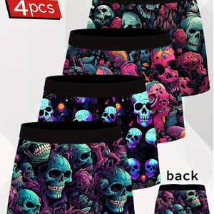 4-pack Herenboxershorts met Elastische Tailleband - Zacht Stretchpolyester, Sneldrogend & Ademend, Neon Schedelprint Ondergoed voor Dagelijks Gebruik of Thematische Evenementen