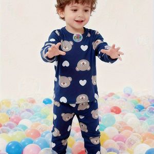 Jongens Pyjama Set met Lange Mouwen & Broek voor Kinderen van 1-8 Jaar, Lente/Zomer/Herfst, Koningsblauw, Schattige Cartoon Beer & Hart Willekeurige Print, Comfortabele Casual Loungewear