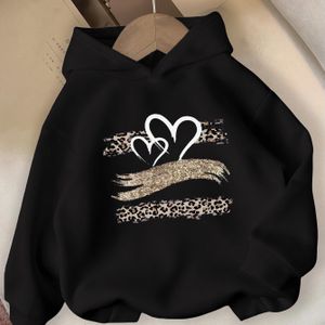 Rode Meisjes Hoodie met Luipaardprint en Hartontwerp - Gezellige Casual Trui voor Herfst/Winter, Zacht Fleece-gevoerde Warmte, Handwas/Droogreinigen, Meissweaters