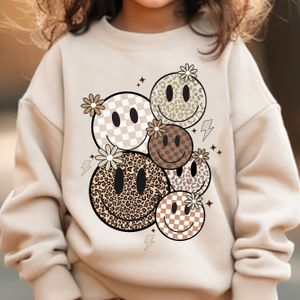 CHICFULL Meisjes Cartoon Gezicht & Sterren Print Dikke Ronde Hals Sweatshirt - Beige met Zwart-Wit Geruit en Luipaard Patronen, Alledaagse Pullover voor Casual Kleding in Alle Seizoenen