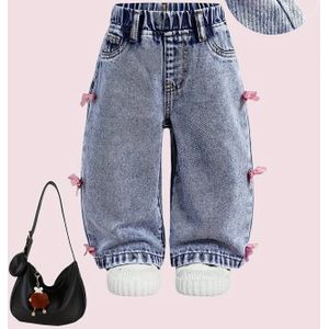 Meisjes' Nieuwe Lente- en Herfstmode Schattige Zijstrik Decor Elastische Taille Eenvoudige Wijd Uitlopende Jeans Klassieke Veelzijdige Losvallende Denim Broek