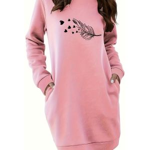 Casual Fleece-gevoerde Sweatshirtjurk voor Dames - Lange Mouwen Ronde Hals Verstevigde Winterjurk met Zijzakken, Machinewasbaar Roze Outfit voor Herfst & Winter, Zachte Stofconstructie