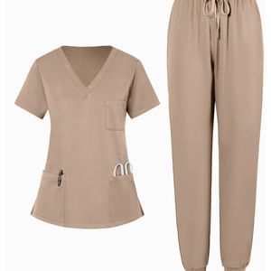 Ademende Damesuniform met Zakken Tweedelige Set Borstelhandschoenen en V-Hals Broek