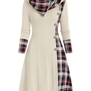 1pc Vrouwelijke Casual Hooded Sweater Jurk met Ruitpatroon, Lange Mouw Gebreide Polyester Spandex Mix, Reguliere Pasvorm Knie-Lengte met Detail voor Alle Seizoenen