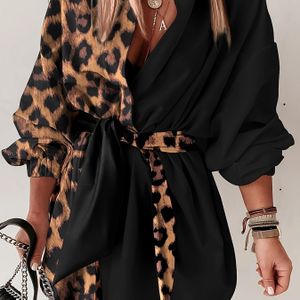 Women's Leopard Print Wrap Dress With V-neck And Button Details - Stylish Black And Brown Pattern, All , Casual To Semi-formal Attire, Casual Attire| Dress|wrap Dress