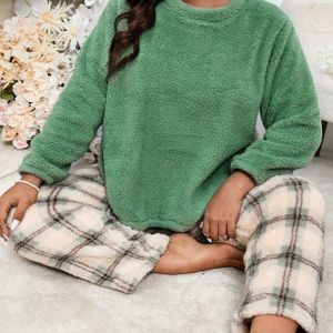 Plus Size Dames Groene Top + Broek Fleece Lounge Set Tweedelige Pyjama