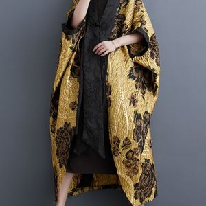 1pc Elegante V-hals Bloemen Jacquard Vrouwen Kimono Cardigan - Casual Plus Maat Batwing Open Voorzijde Outerwear met Detail, Polyester, Lente/Herfst Winddichte Jas