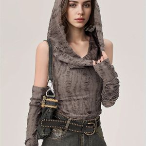 Vintage-inspired Ripped Hooded Sleeveless Vest - Brown, Frayed Edges, Casual Summer Top With Drawstring Hood, Casual Summer Top|ripped Hooded Vest|frayed Edges Detail, Sleeveless Vest