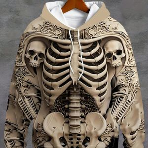 Gothic Skeleton & Skull Print Hooded Sweatshirt voor Heren - 3D Flat Effect Lange Mouw Casual Pullover met Ritssluiting & Tuniek Design