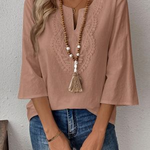 Women's Elegant V-neck Long Sleeve Blouse - Chic Solid Color Top With Eyelet Embroidery, 3/4 Sleeve Design, Spring/summer/fall, Casual Yet Sophisticated Styl