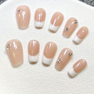 10 stuks Handgedrukte Korte Coffin Plaknagels - Nude French Tip Nepnagels Geschikt voor Handen & Voeten, Herbruikbare Afneembare Nagelkunst met Ballerina Vorm & Glans