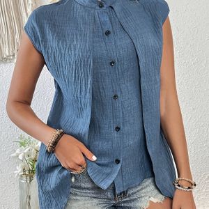 Plus-Size Vrouwen Stof Geplette Kleur Elegante Staande-Kraag Overhemd