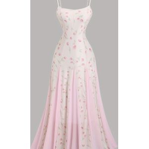 Elegant Tulip Print Off-shoulder Long Dress For Women - Pink Floral Pattern, Backless Design With Tie-waist & V-neck, Flowy A-line Silhouette For Beach Vacation, Sleeveless Long Dress