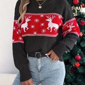 Elegante acryl coltrui kersttrui met rendier- en sneeuwvlokpatroon, herfst/winter kleurblok gebreide pullover voor dames