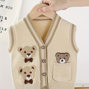 Jongens Gebreide Vest - Mouwloze Teddybeer, Mosterdgeel & , Voorzakje, Makkelijk te Handwas, Lagenkleding voor School en Dagelijkse Outfits - Kindertrui, Herfstkleding, Duurzaam