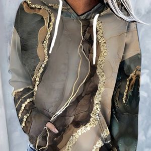 Sportieve Dames Hoodie met 3D Geometrische Print & Gouden Accenten - Machinewasbare Pullover voor Lente/Herfst, Casual Sportkleding, Niet-Doorschijnende Stof